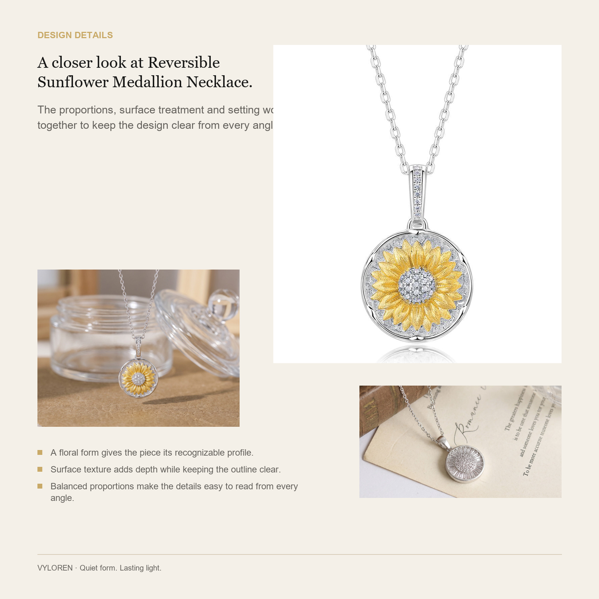 VYLOREN Reversible Sunflower Medallion Necklace design details card