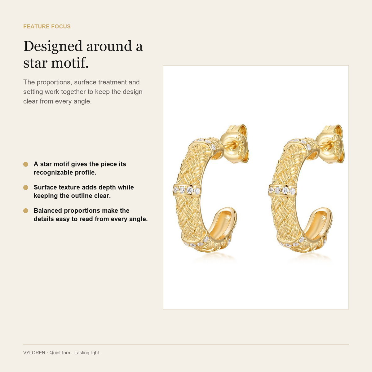 VYLOREN Woven C-Hoop Earrings feature focus card