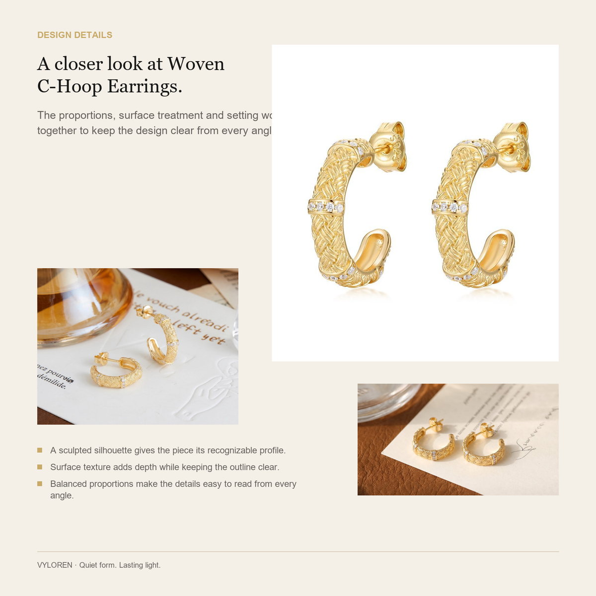 VYLOREN Woven C-Hoop Earrings design details card