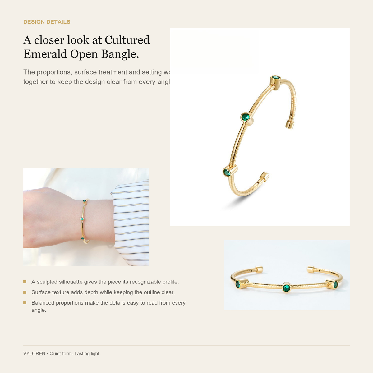 VYLOREN Cultured Emerald Open Bangle design details card