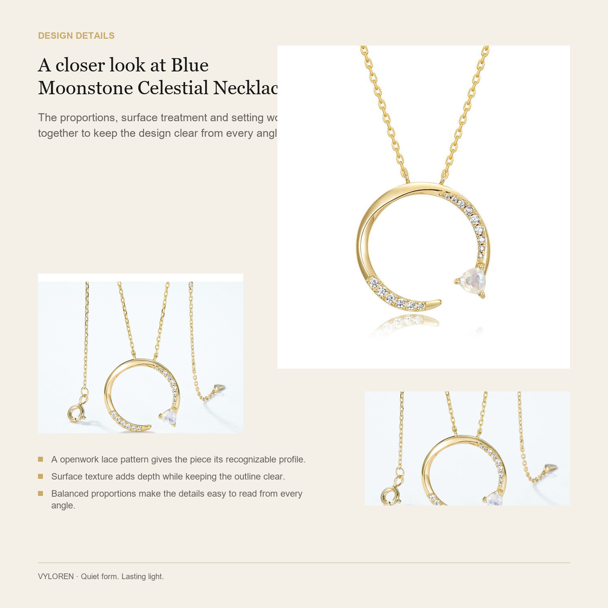 VYLOREN Blue Moonstone Celestial Necklace design details card