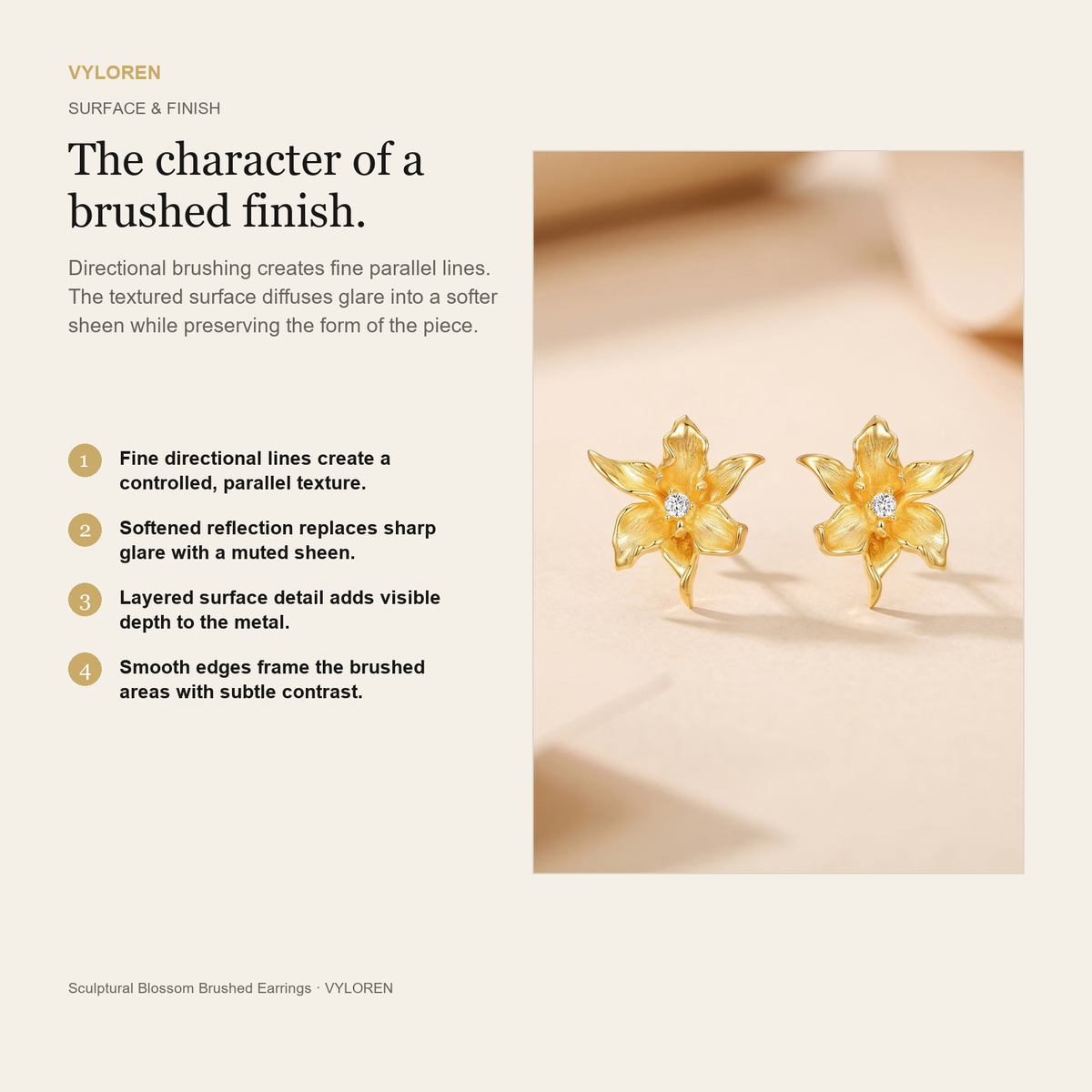 VYLOREN Sculptural Blossom Brushed Earrings brushed finish card