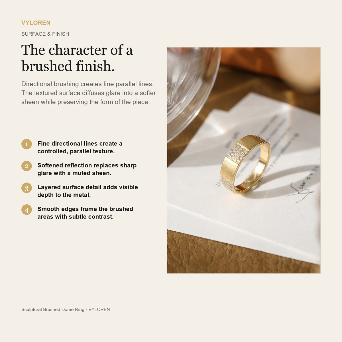 VYLOREN Sculptural Brushed Dome Ring brushed finish card