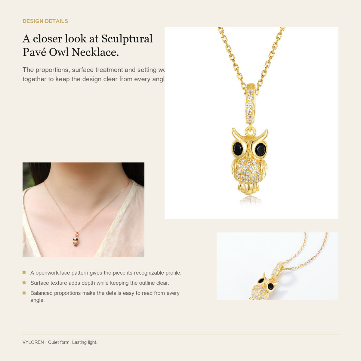 VYLOREN Sculptural Pavé Owl Necklace design details card