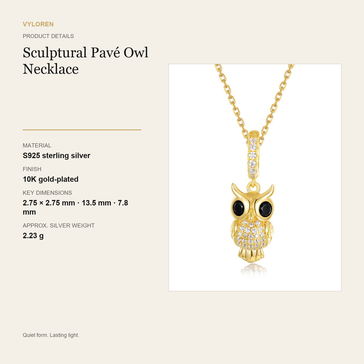 VYLOREN Sculptural Pavé Owl Necklace product details card