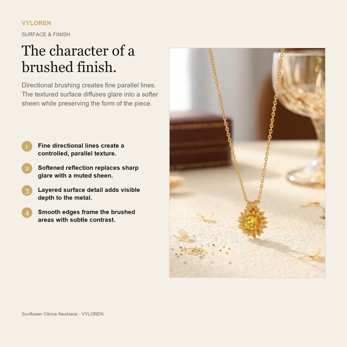 VYLOREN Sunflower Citrine Necklace brushed finish card