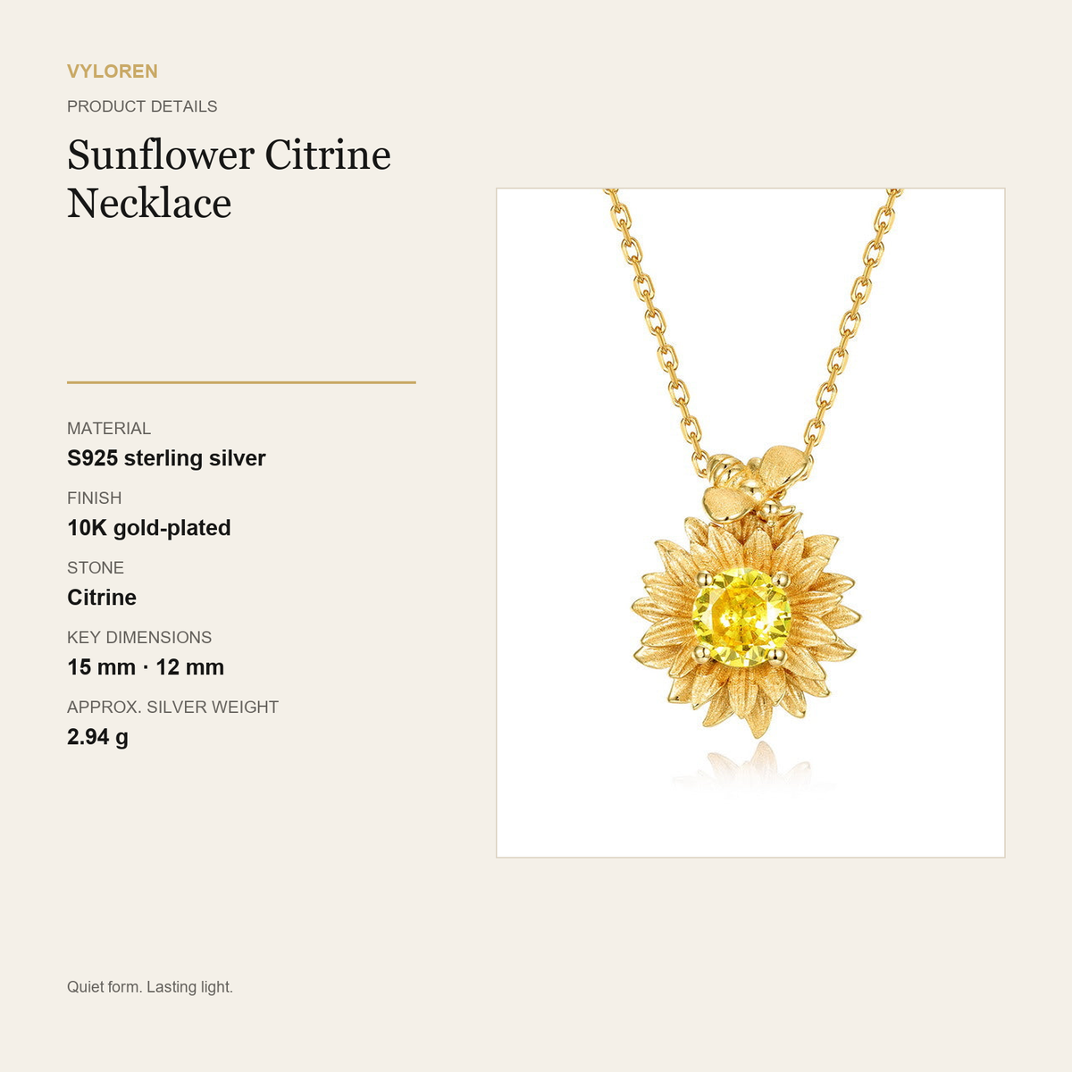 VYLOREN Sunflower Citrine Necklace product details card