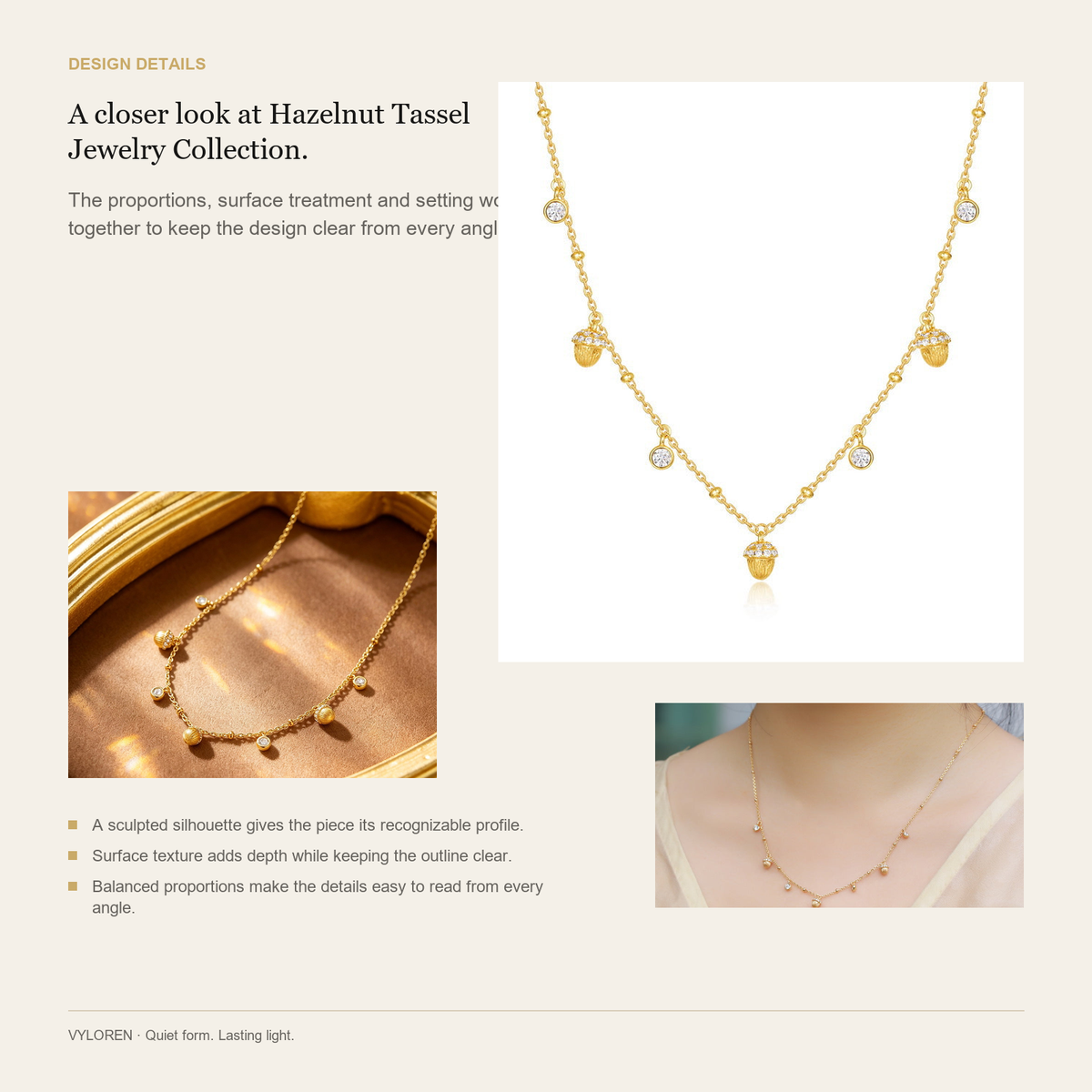 VYLOREN Hazelnut Tassel Jewelry Collection design details card