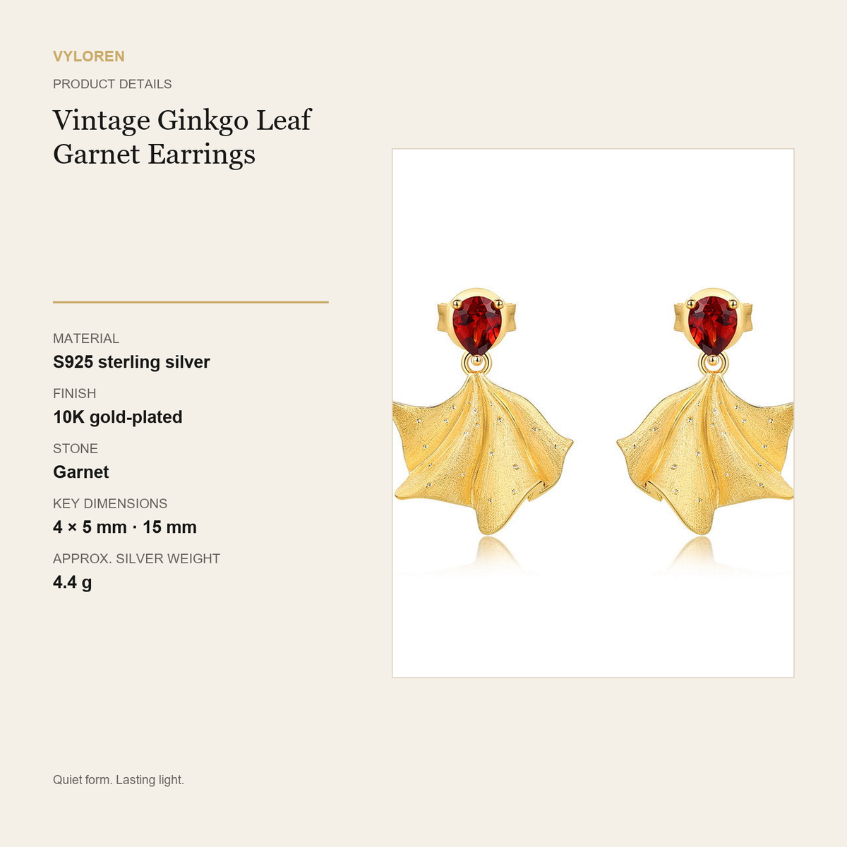VYLOREN Vintage Ginkgo Leaf Garnet Earrings product details card
