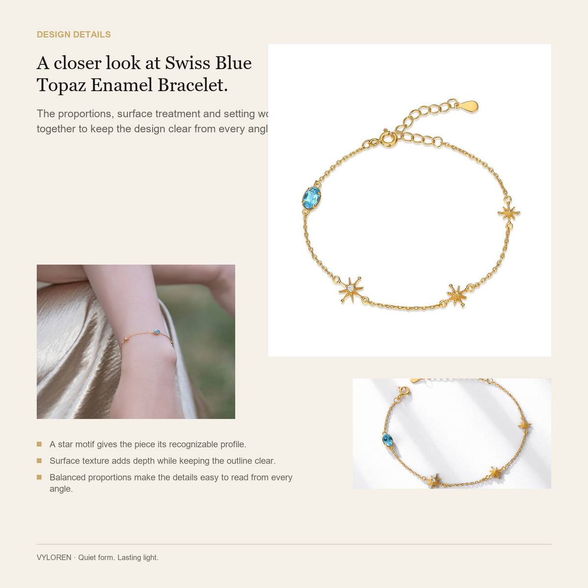 VYLOREN Swiss Blue Topaz Enamel Bracelet design details card