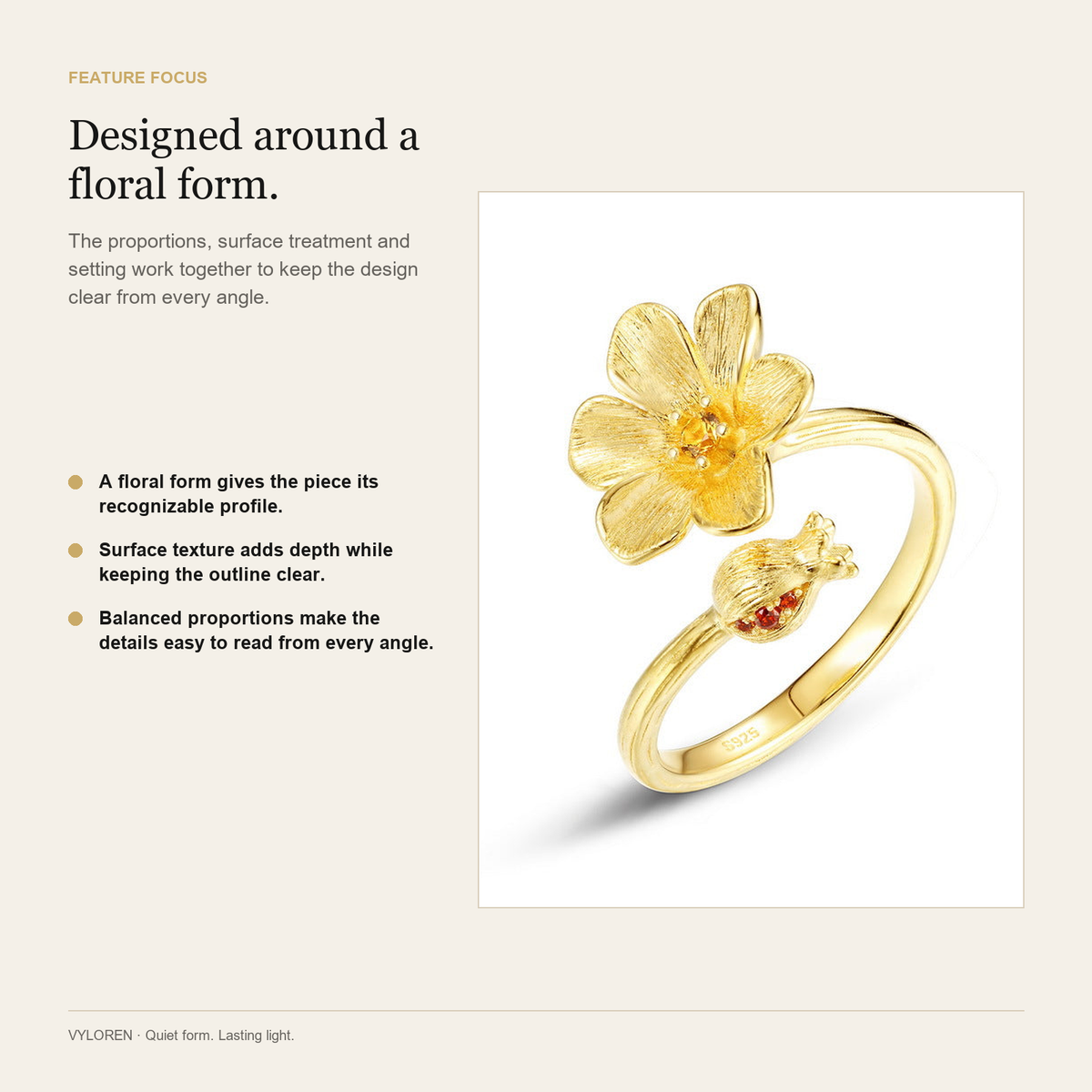 VYLOREN Pomegranate Flower Ring feature focus card