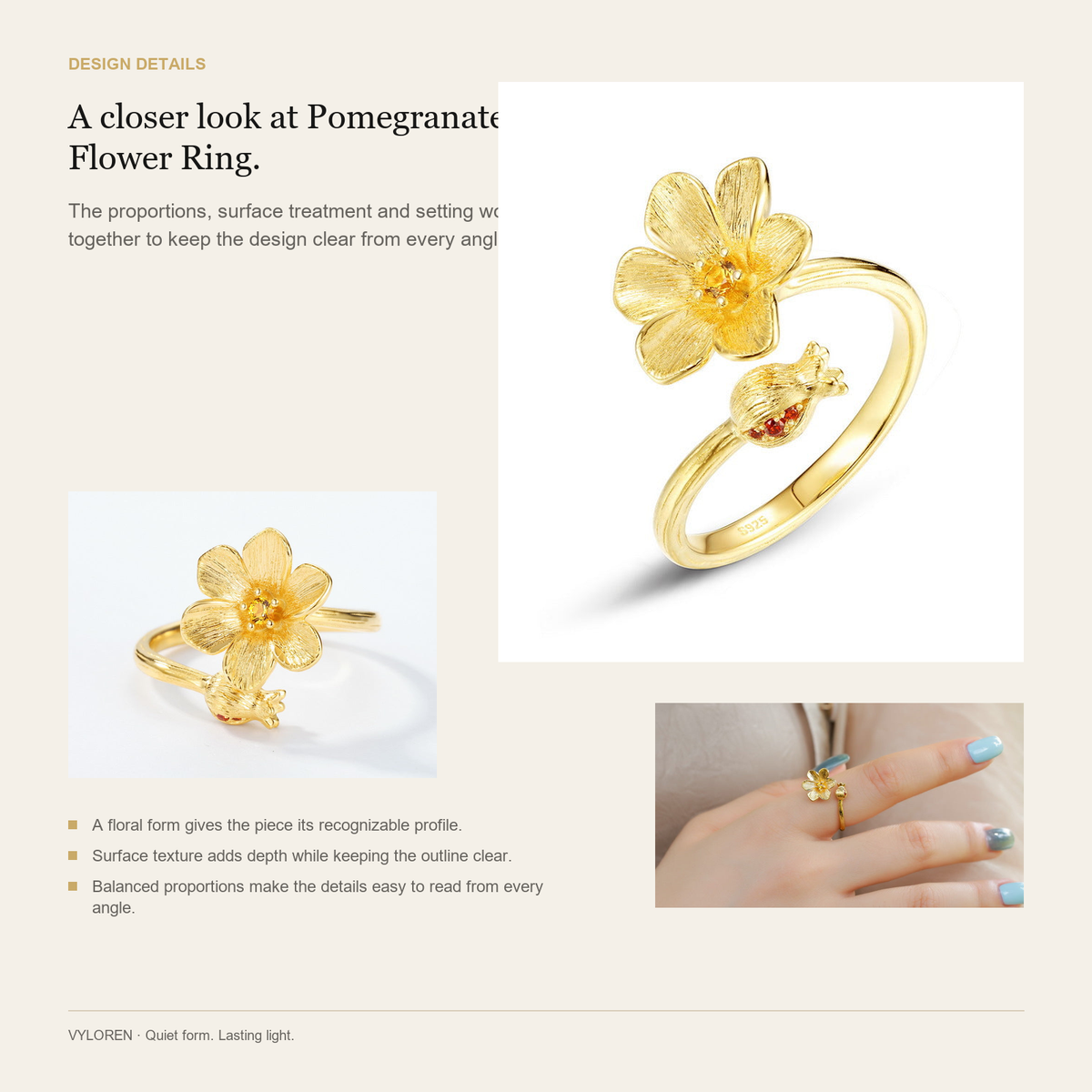 VYLOREN Pomegranate Flower Ring design details card