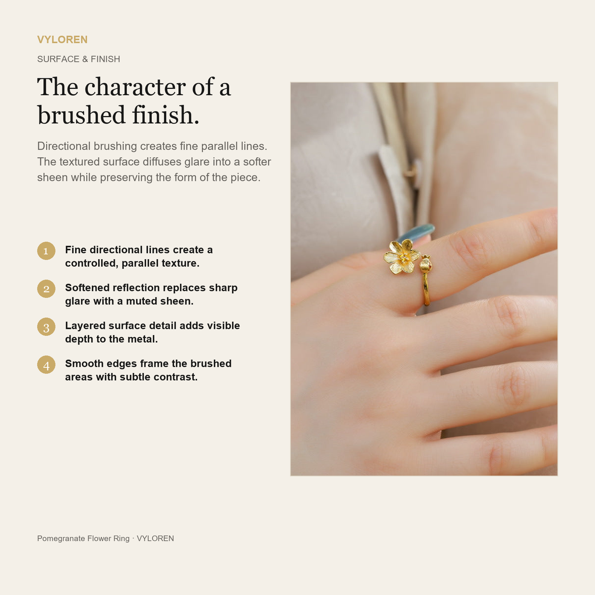 VYLOREN Pomegranate Flower Ring brushed finish card