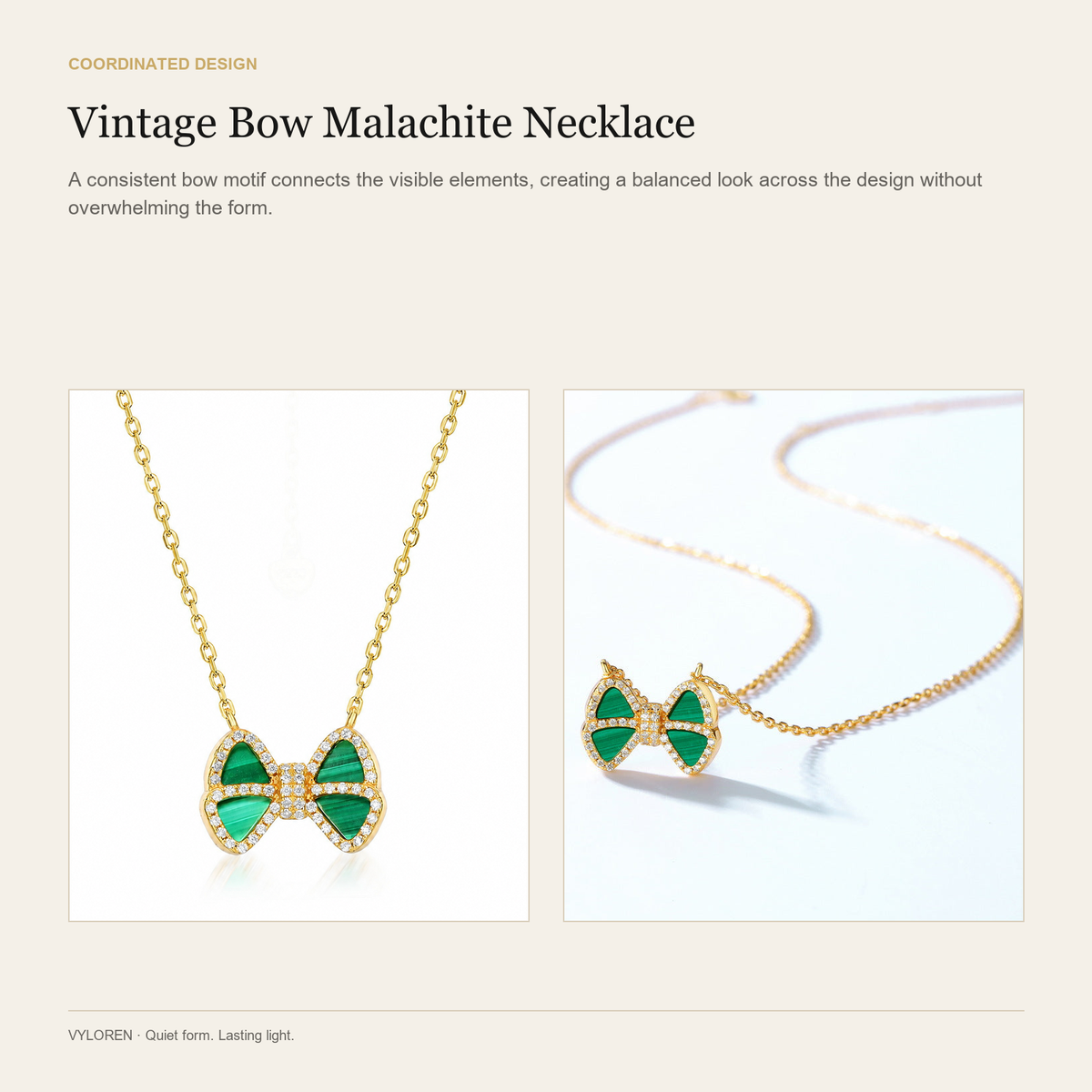 VYLOREN Vintage Bow Malachite Necklace coordinated design card