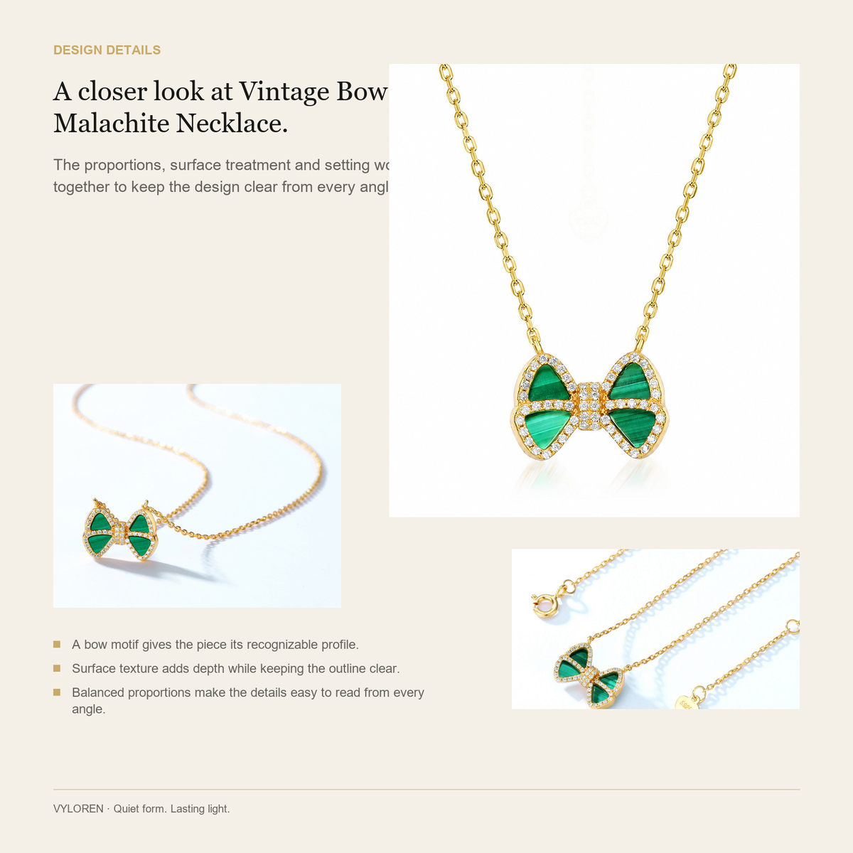 VYLOREN Vintage Bow Malachite Necklace design details card