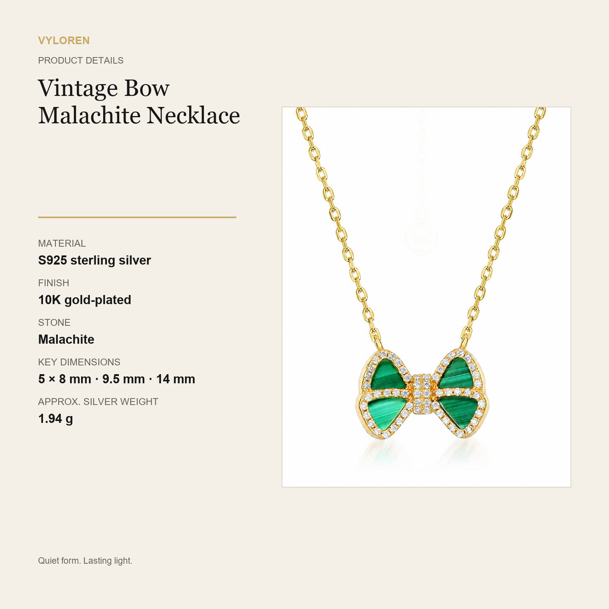 VYLOREN Vintage Bow Malachite Necklace product details card