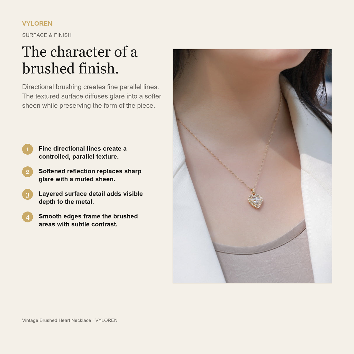 VYLOREN Vintage Brushed Heart Necklace brushed finish card
