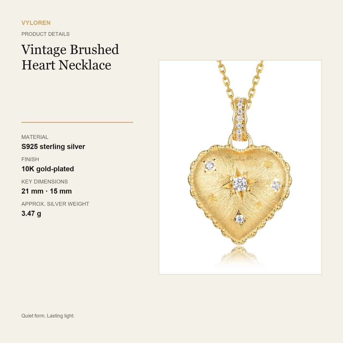VYLOREN Vintage Brushed Heart Necklace product details card