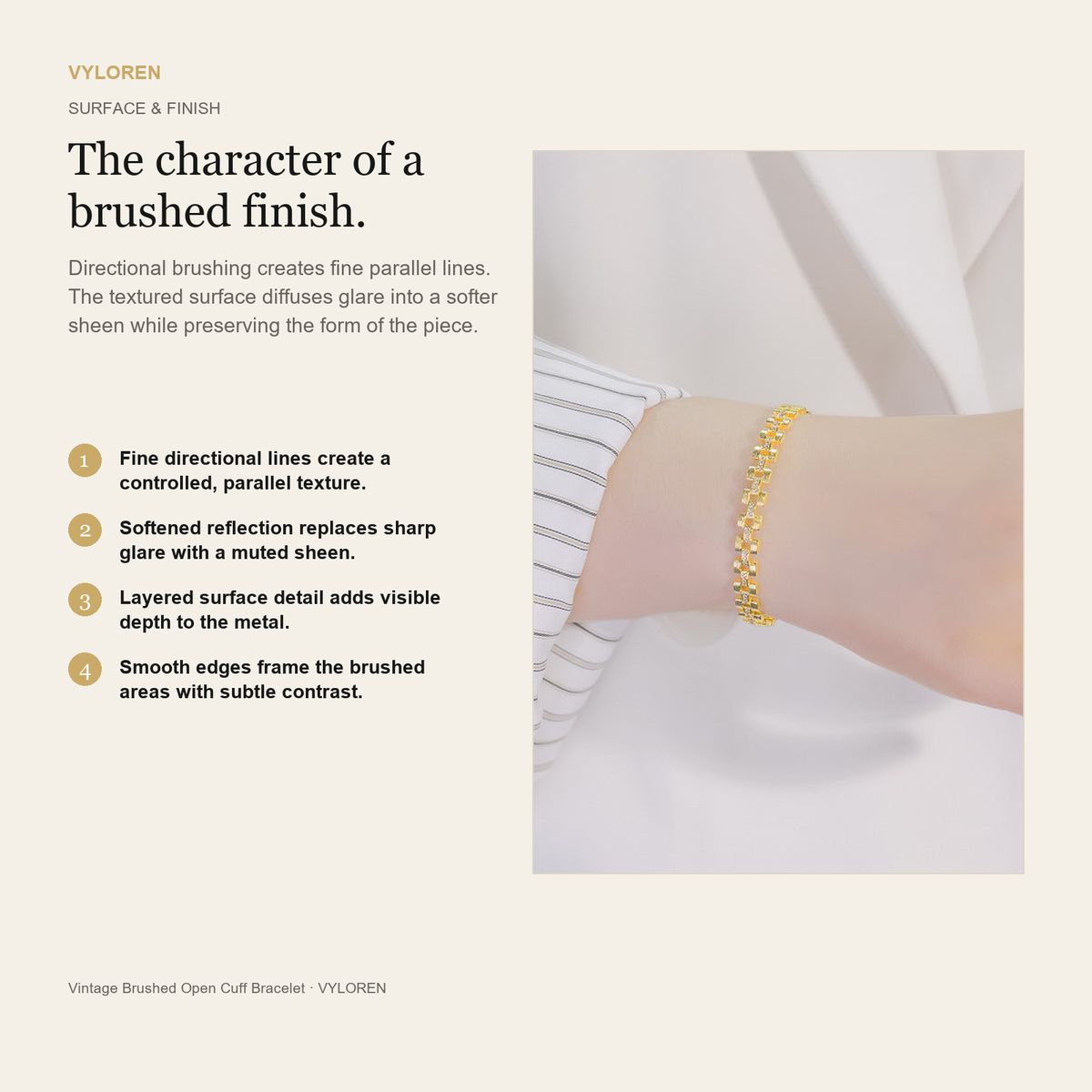 VYLOREN Vintage Brushed Open Cuff Bracelet brushed finish card