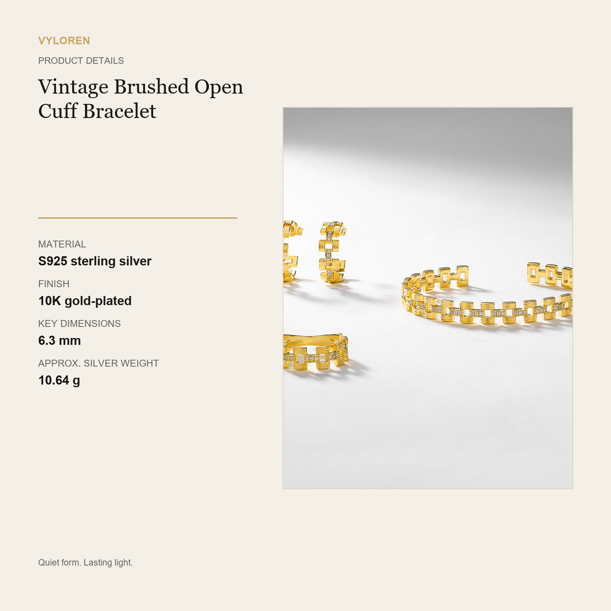 VYLOREN Vintage Brushed Open Cuff Bracelet product details card