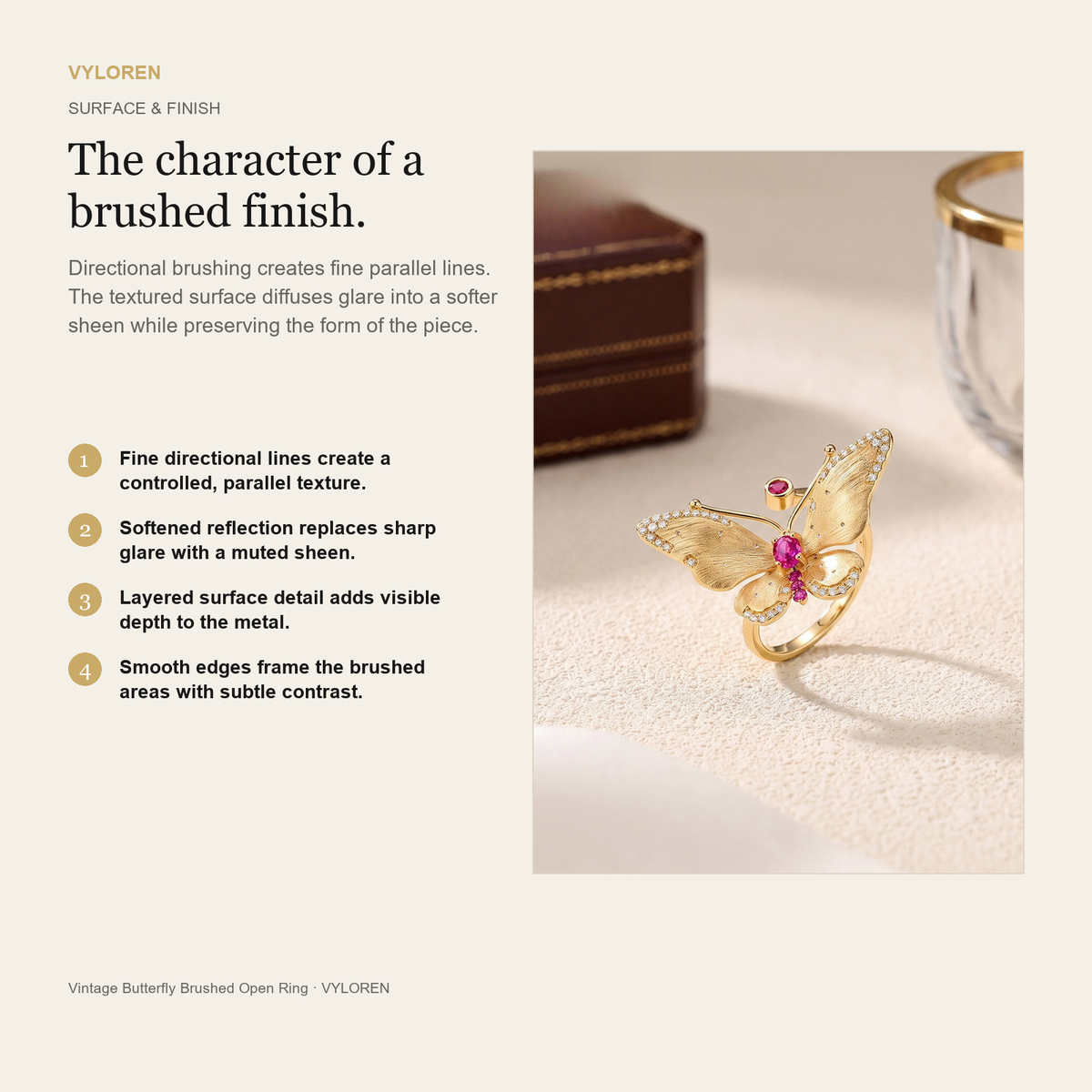 VYLOREN Vintage Butterfly Brushed Open Ring brushed finish card
