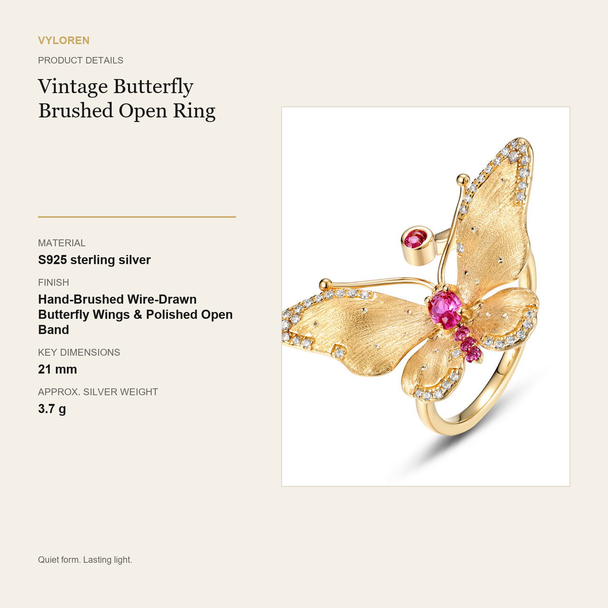 VYLOREN Vintage Butterfly Brushed Open Ring product details card