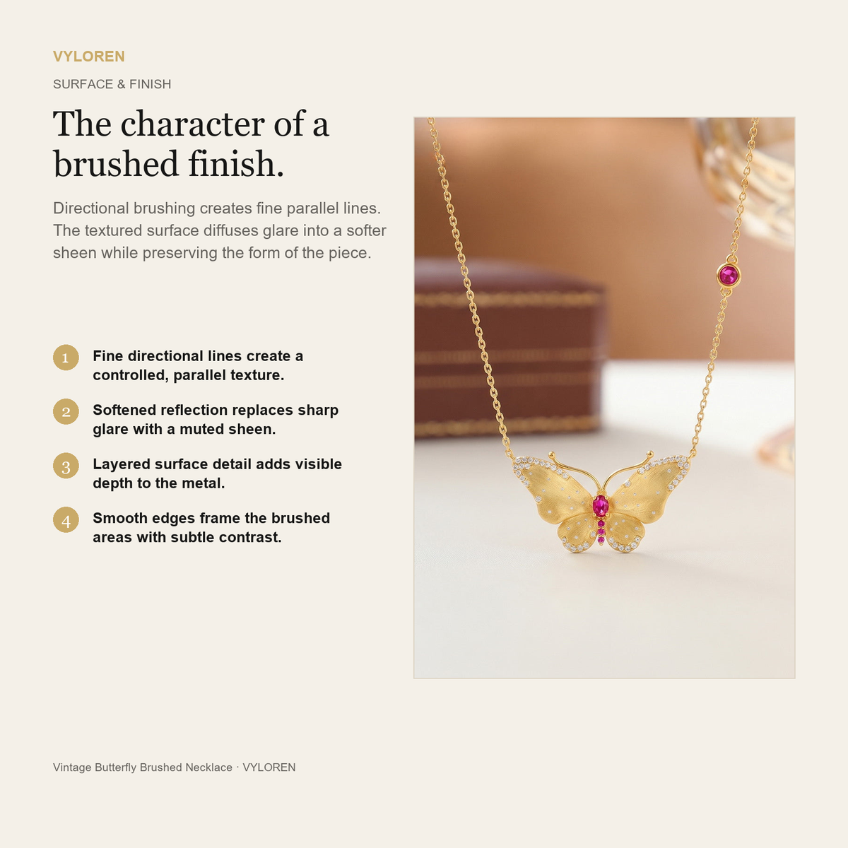 VYLOREN Vintage Butterfly Brushed Necklace brushed finish card