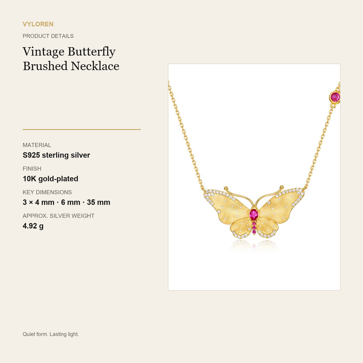 VYLOREN Vintage Butterfly Brushed Necklace product details card