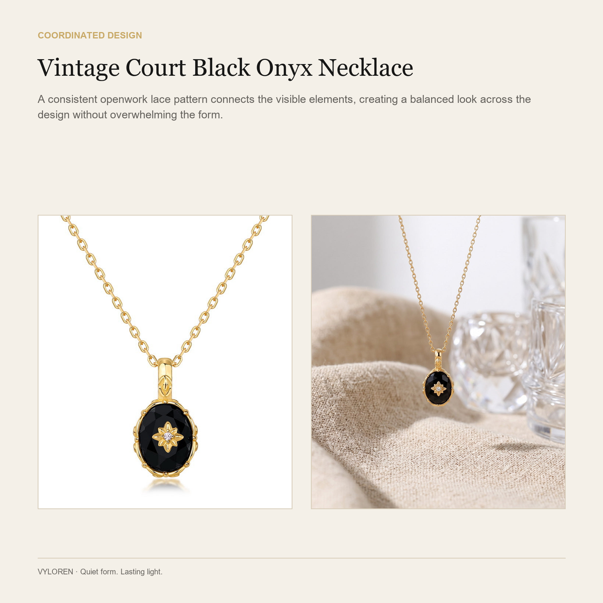 VYLOREN Vintage Court Black Onyx Necklace coordinated design card