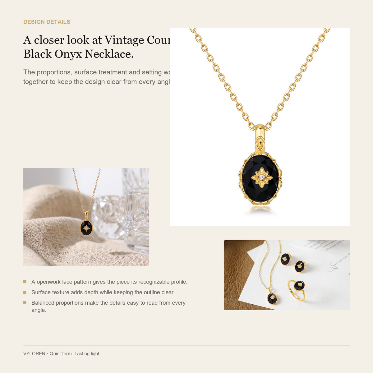VYLOREN Vintage Court Black Onyx Necklace design details card
