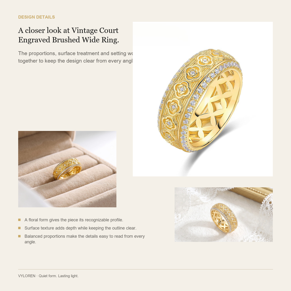 VYLOREN Vintage Court Engraved Brushed Wide Ring design details card