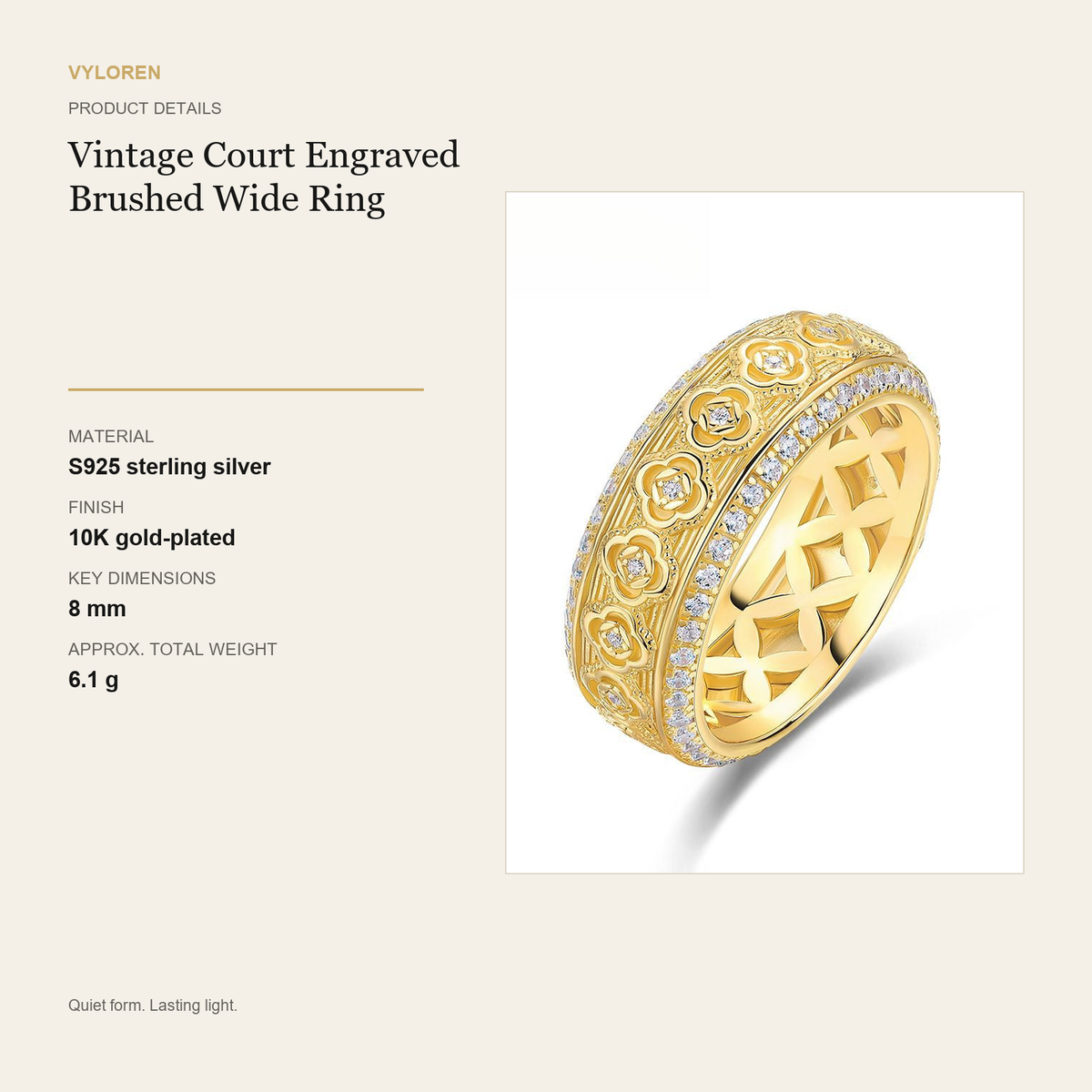 VYLOREN Vintage Court Engraved Brushed Wide Ring product details card