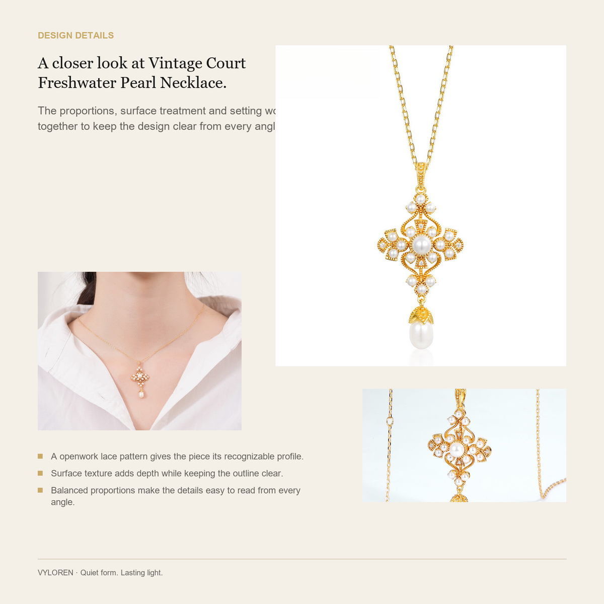 VYLOREN Vintage Court Freshwater Pearl Necklace design details card