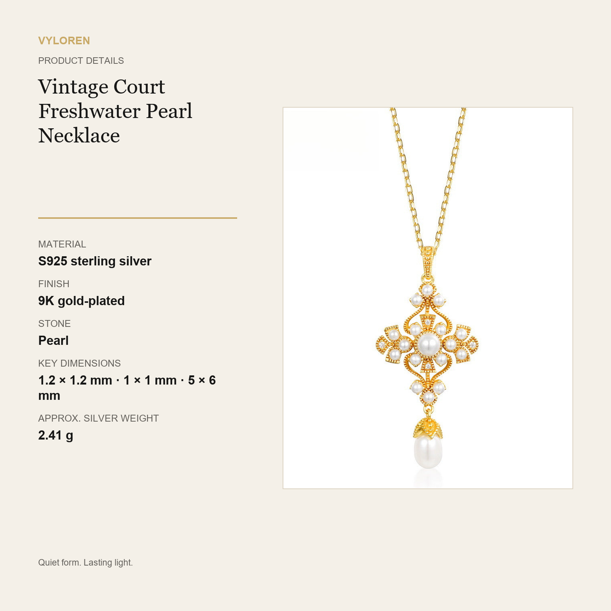 VYLOREN Vintage Court Freshwater Pearl Necklace product details card