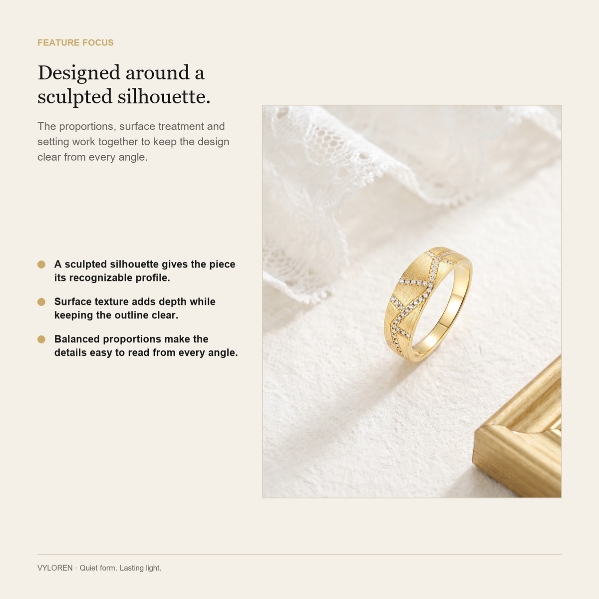 VYLOREN Vintage Court Pavé Brushed Wide Ring feature focus card