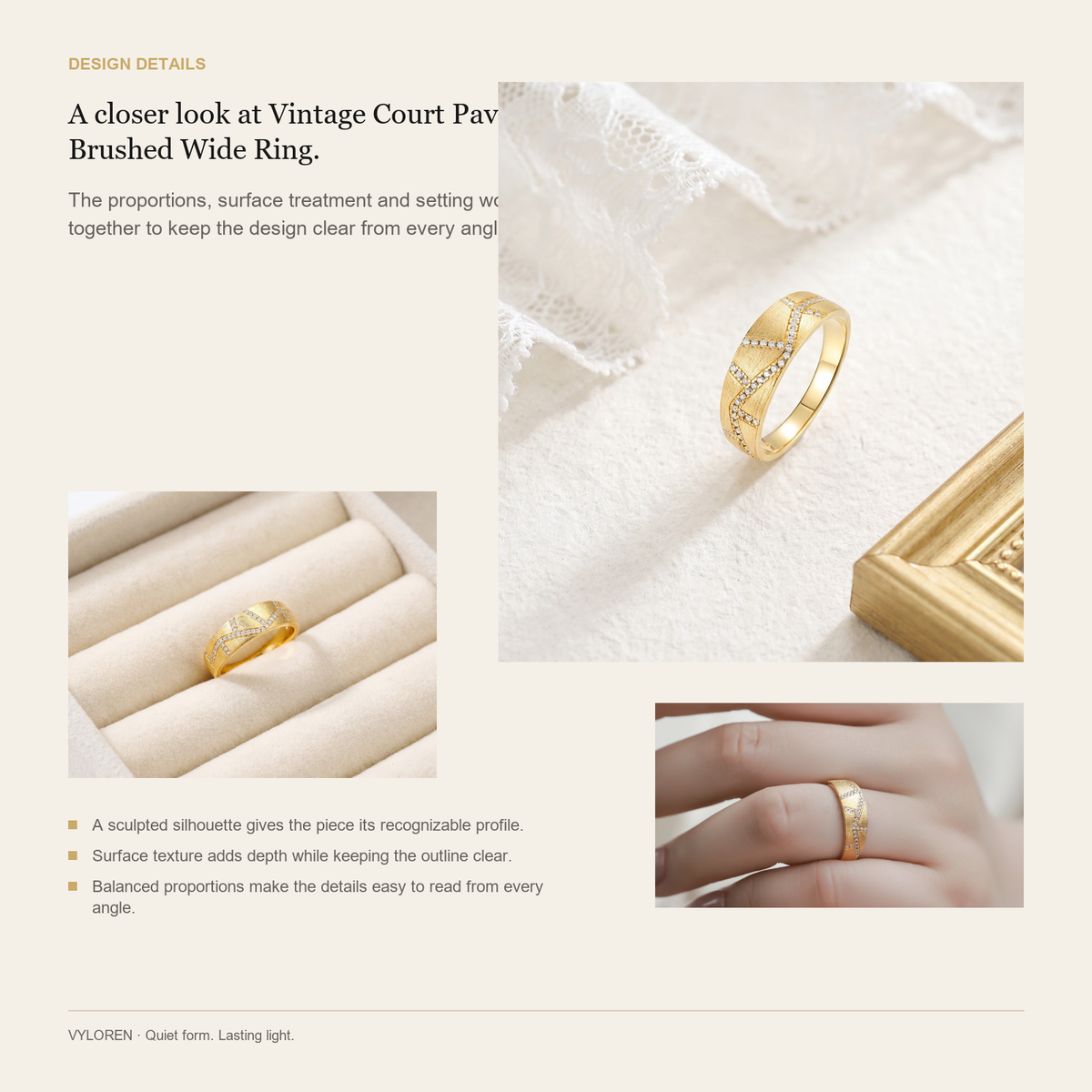 VYLOREN Vintage Court Pavé Brushed Wide Ring design details card