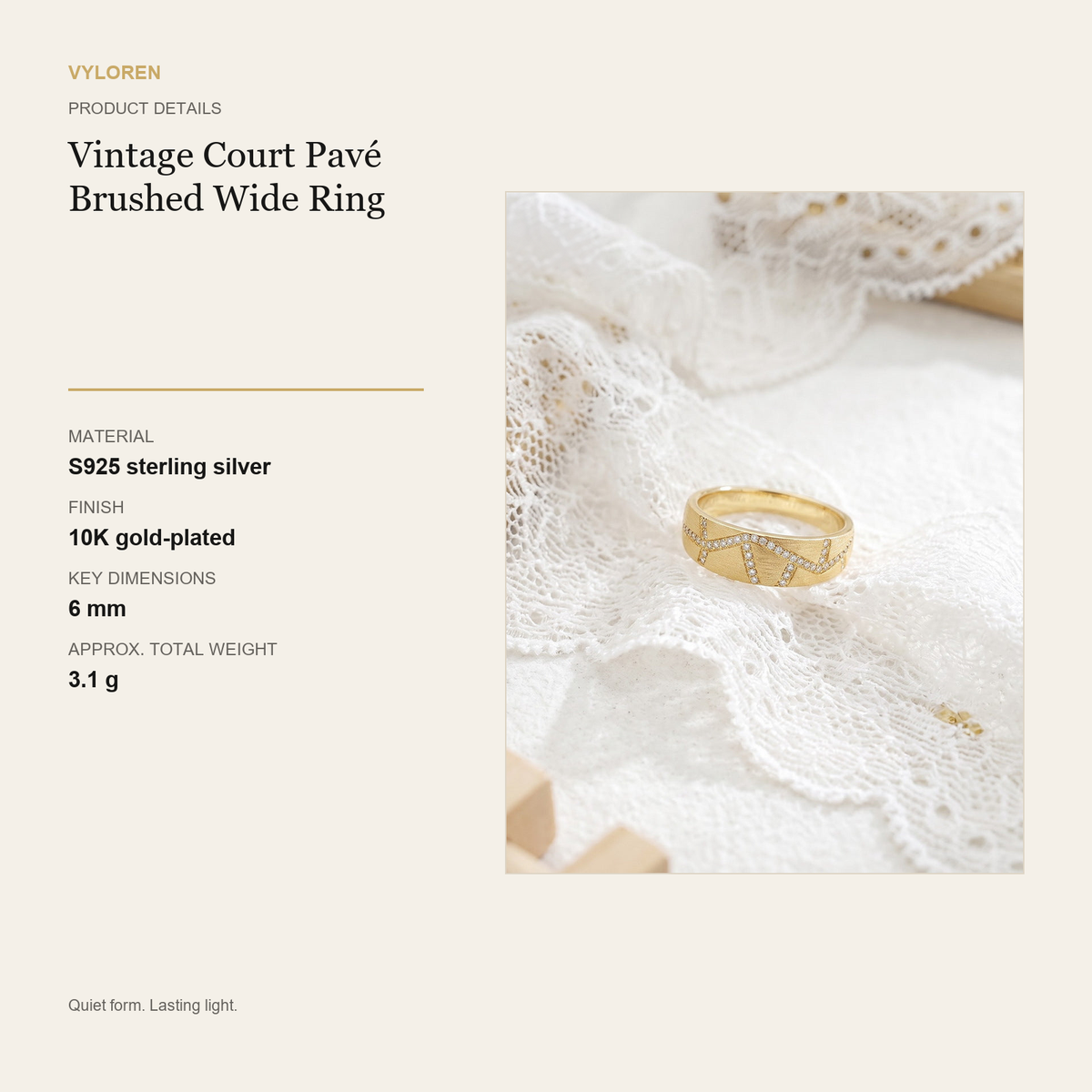 VYLOREN Vintage Court Pavé Brushed Wide Ring product details card