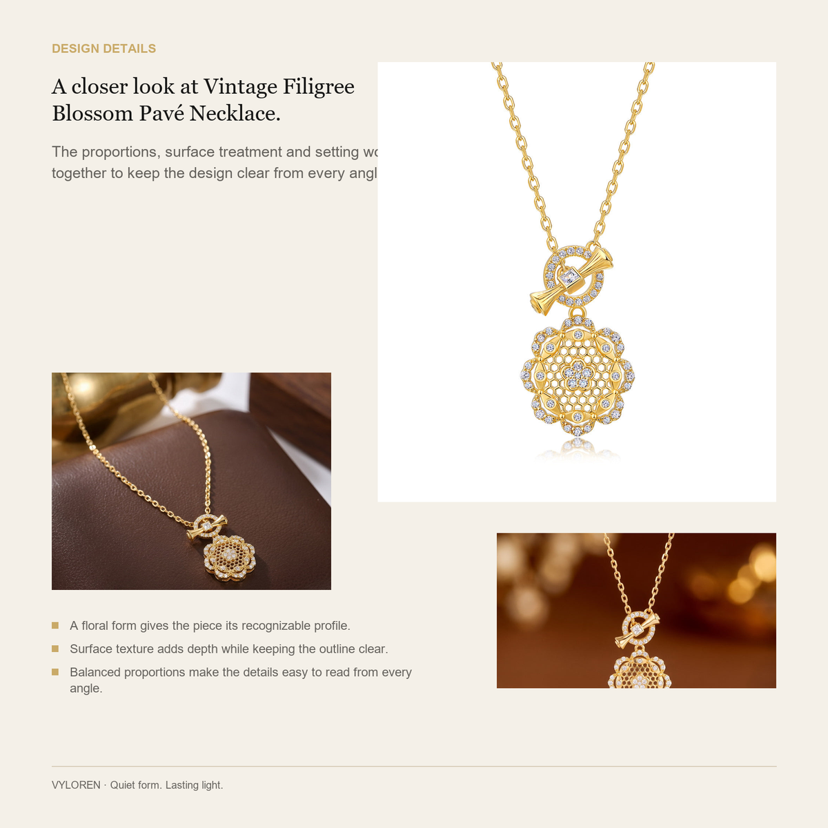 VYLOREN Vintage Filigree Blossom Pavé Necklace design details card