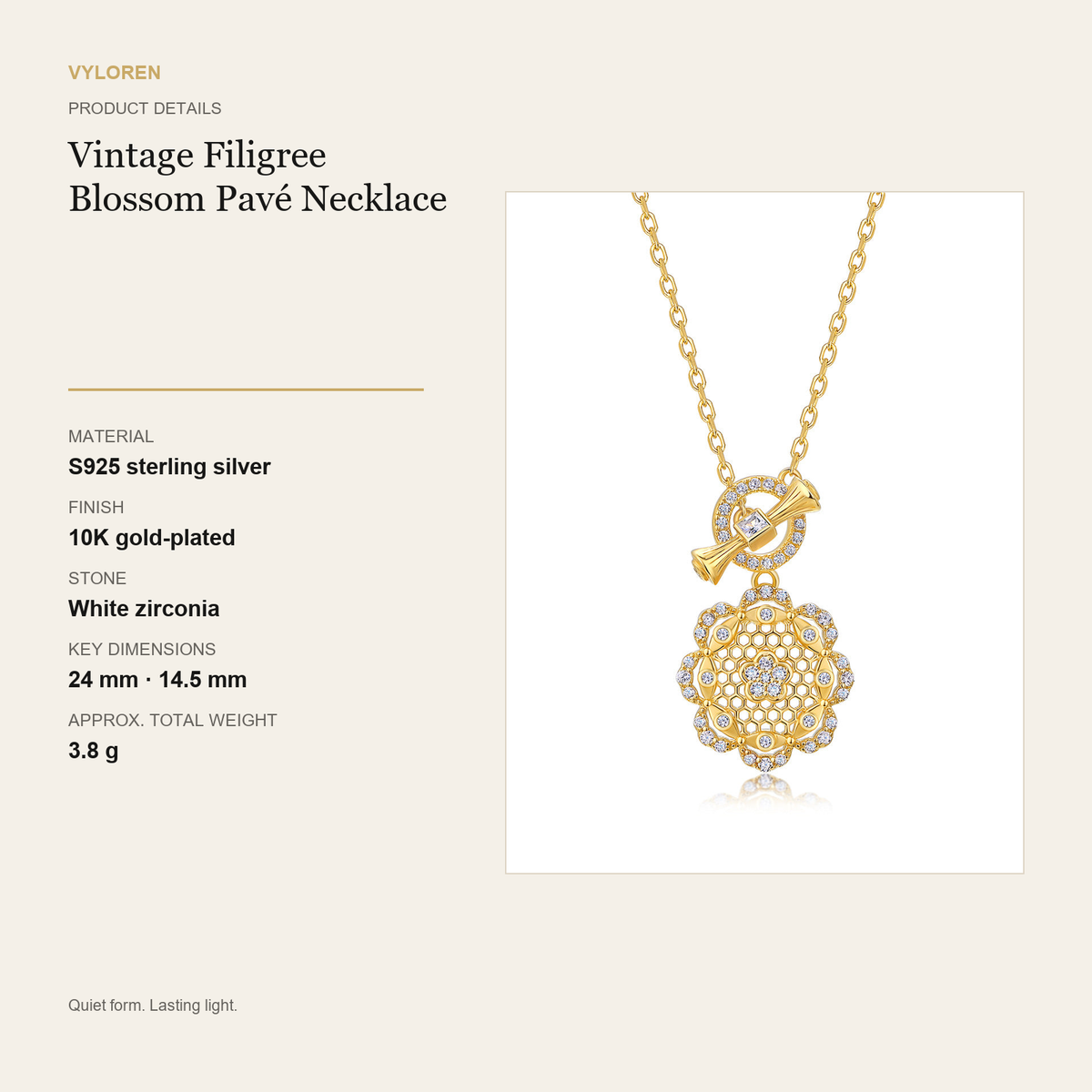 VYLOREN Vintage Filigree Blossom Pavé Necklace product details card