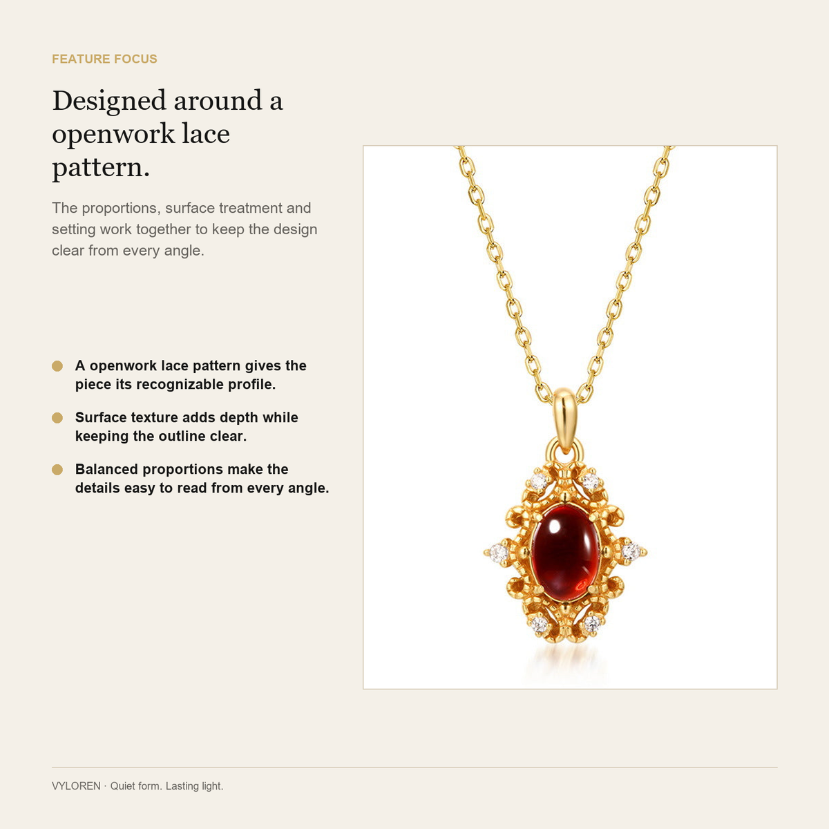 VYLOREN Vintage Filigree Garnet Necklace feature focus card