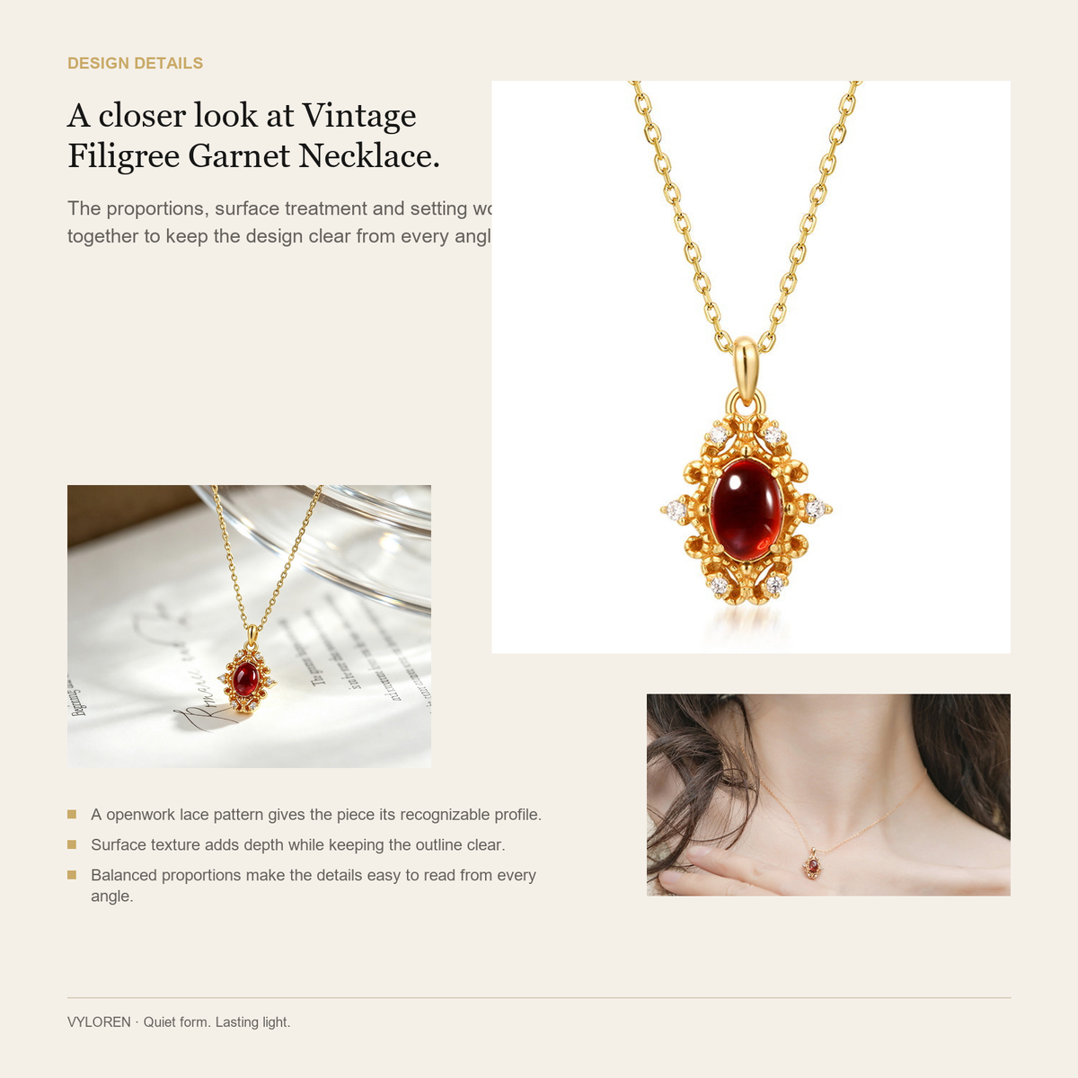 VYLOREN Vintage Filigree Garnet Necklace design details card