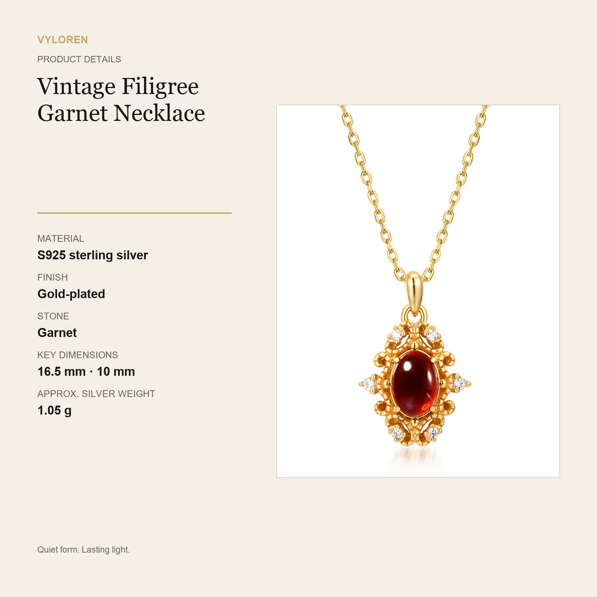 VYLOREN Vintage Filigree Garnet Necklace product details card