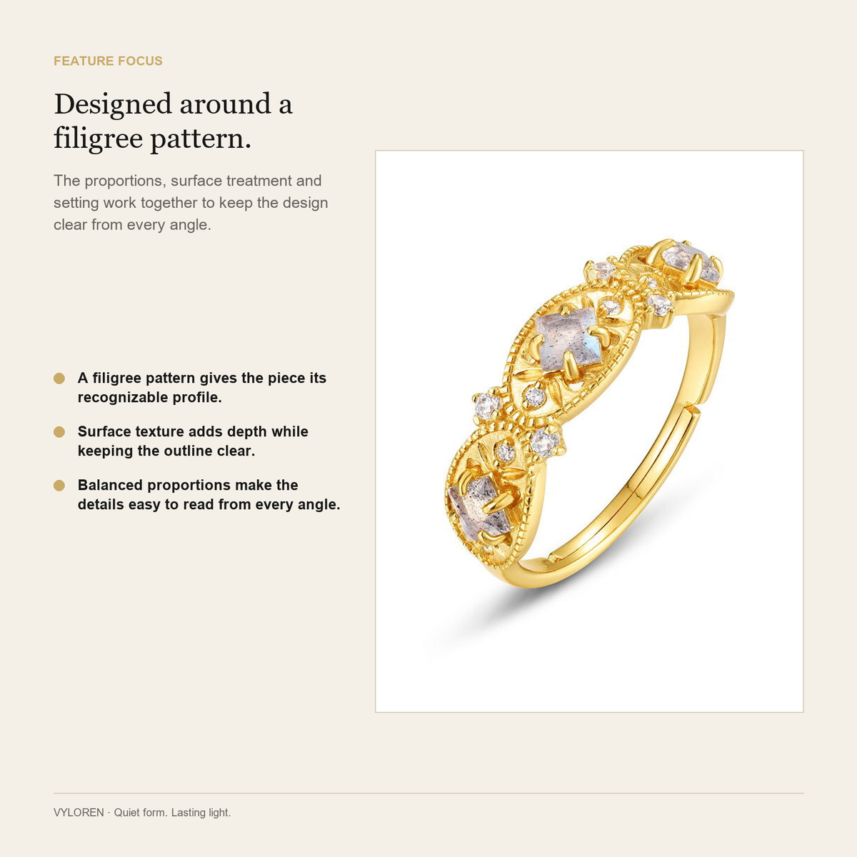 VYLOREN Vintage Filigree Labradorite Open Ring feature focus card