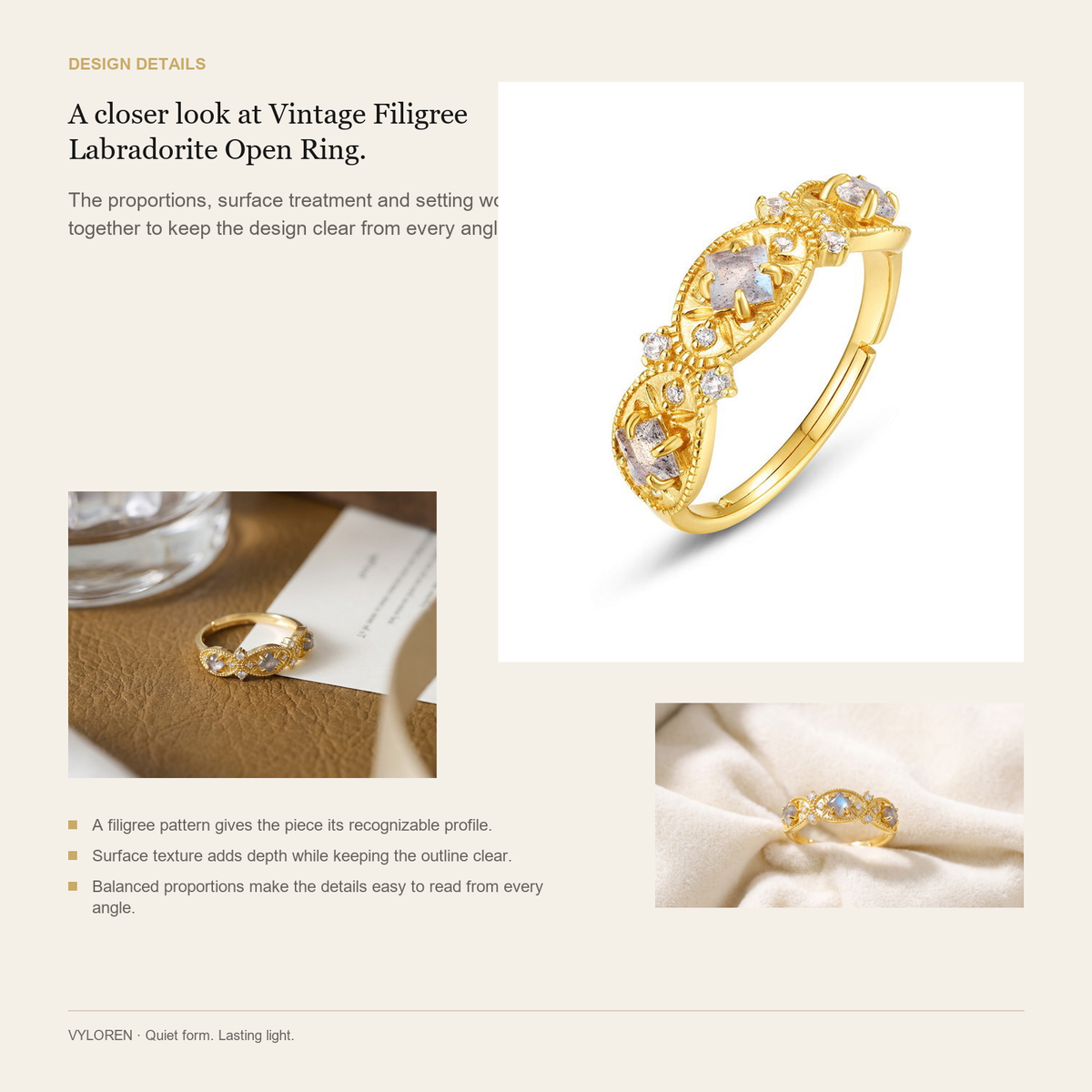 VYLOREN Vintage Filigree Labradorite Open Ring design details card
