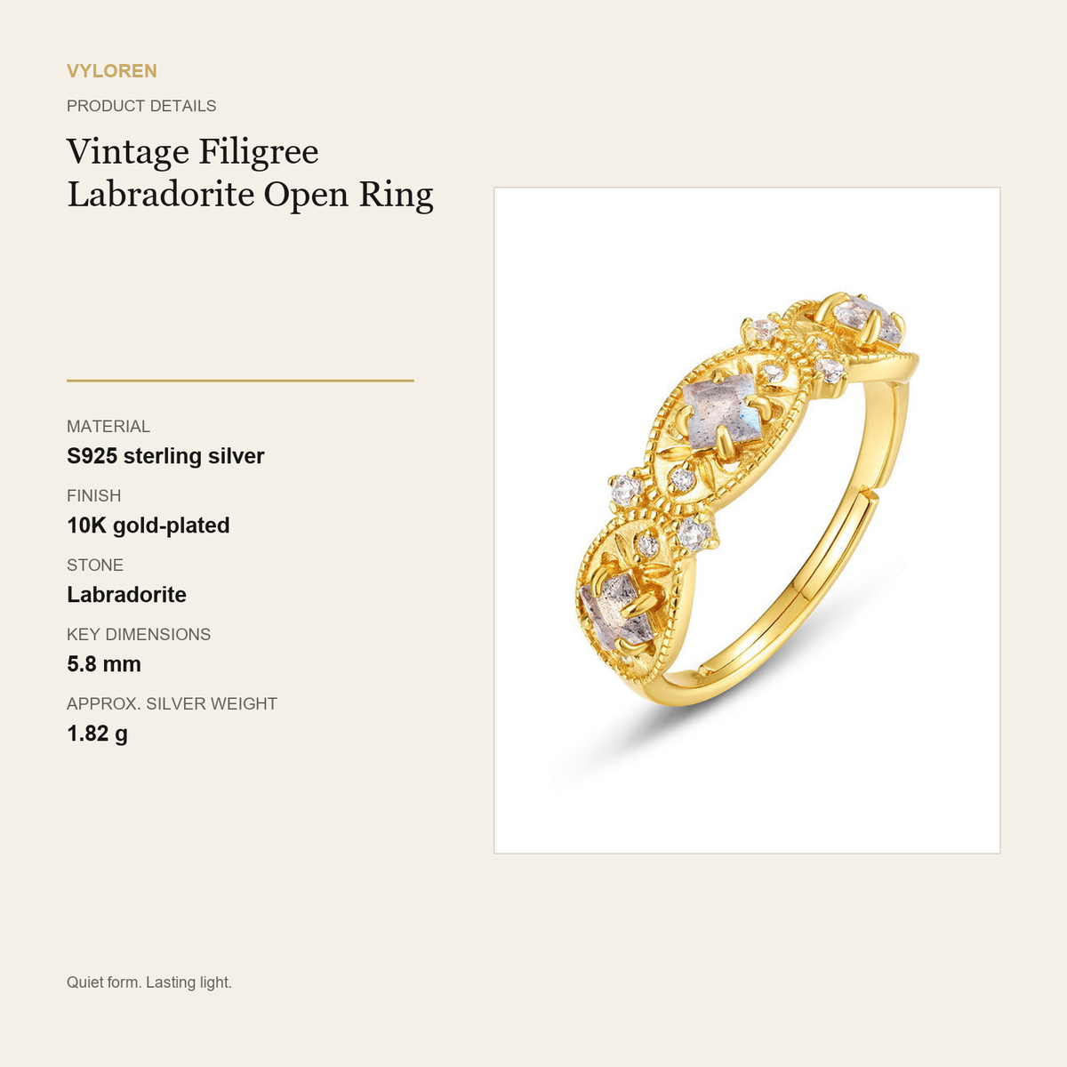 VYLOREN Vintage Filigree Labradorite Open Ring product details card