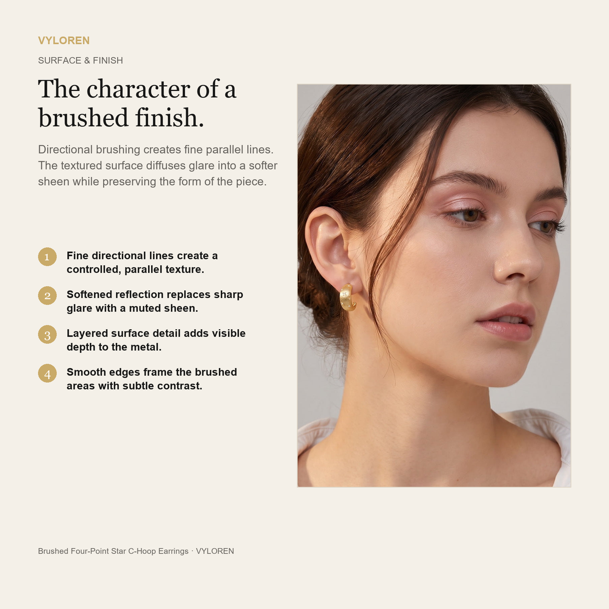 VYLOREN Brushed Four-Point Star C-Hoop Earrings brushed finish card