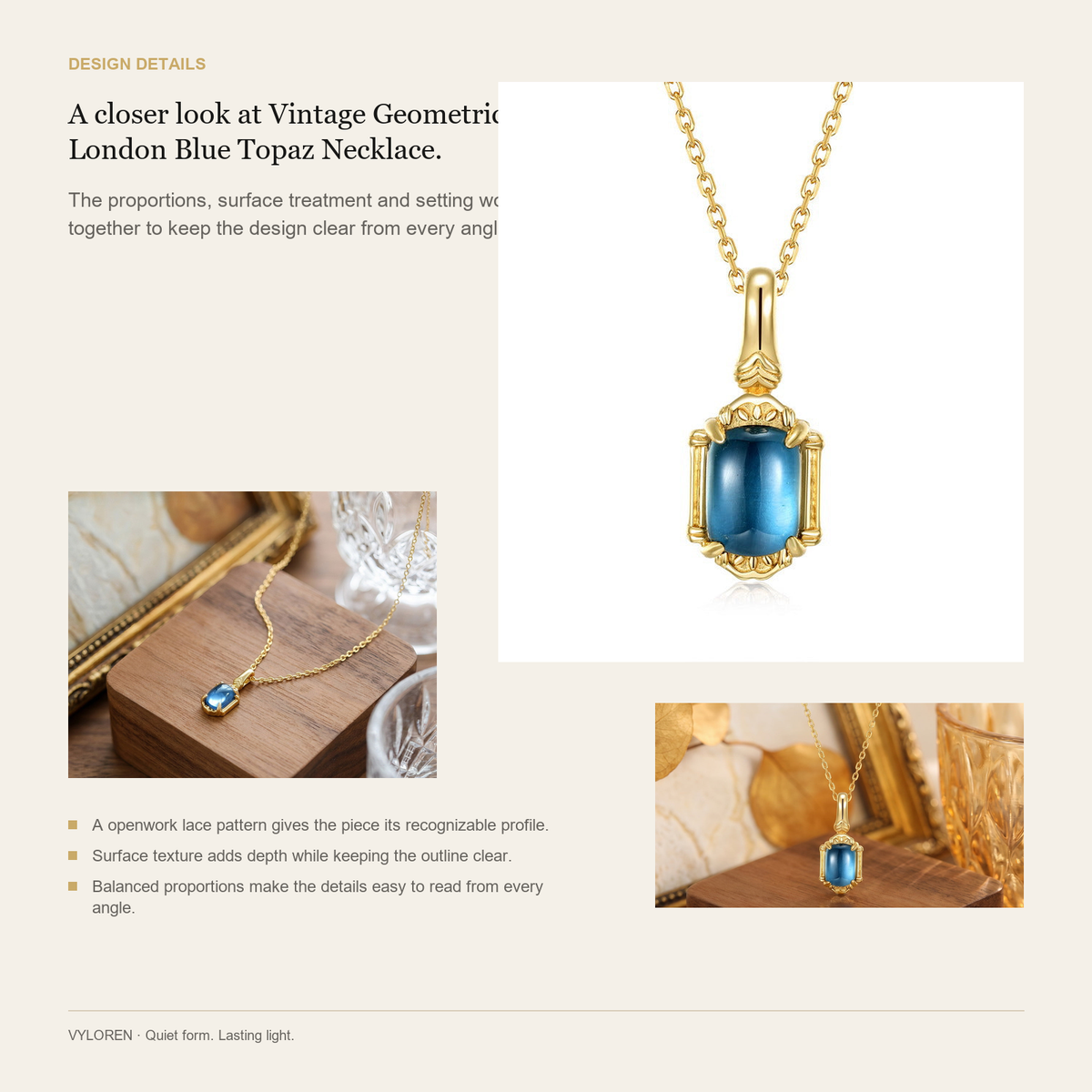 VYLOREN Vintage Geometric London Blue Topaz Necklace design details card