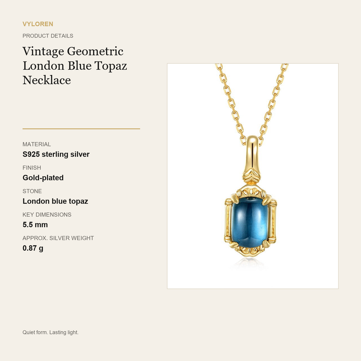 VYLOREN Vintage Geometric London Blue Topaz Necklace product details card