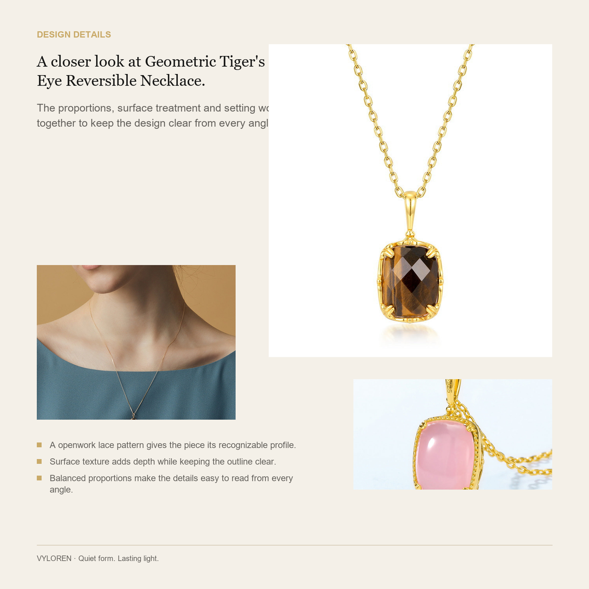 VYLOREN Geometric Tiger's Eye Reversible Necklace design details card