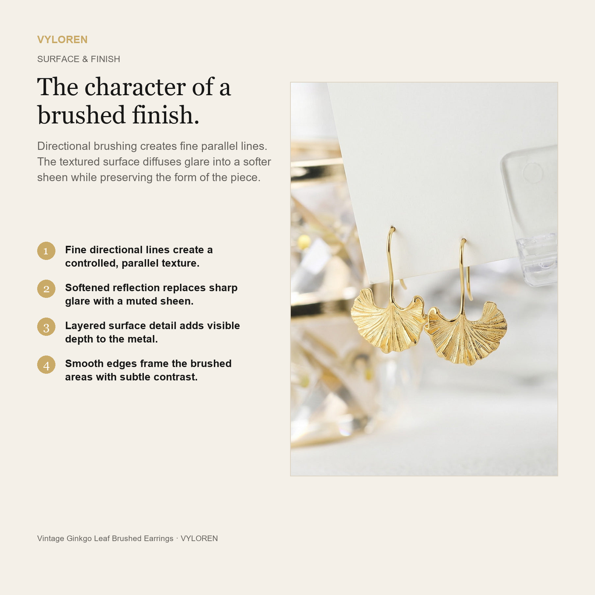 VYLOREN Vintage Ginkgo Leaf Brushed Earrings brushed finish card